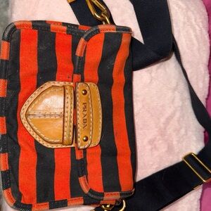 Prada Vibrant Orange and Black Crossbody with stitch leather, removable strap